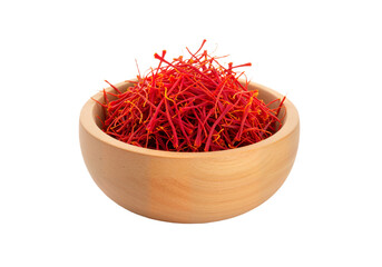 Fototapeta premium Wooden Bowl Filled with Vibrant Red Saffron Threads Isolated on White Background — Culinary and Herbal Luxury