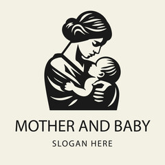 Black and white flat vector logo of a young smiling mother holding a baby in her arms. Simple clean silhouette design.