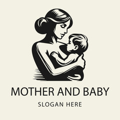 Black and white flat vector logo of a young smiling mother holding a baby in her arms. Simple clean silhouette design.