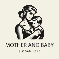 Black and white flat vector logo of a young smiling mother holding a baby in her arms. Simple clean silhouette design.