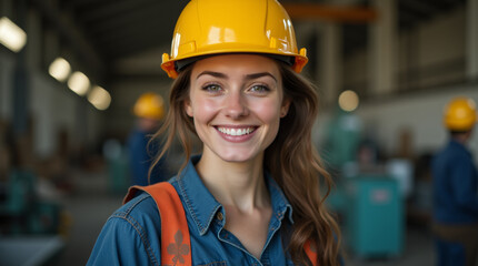 Happy woman in orange helmet in production workshop