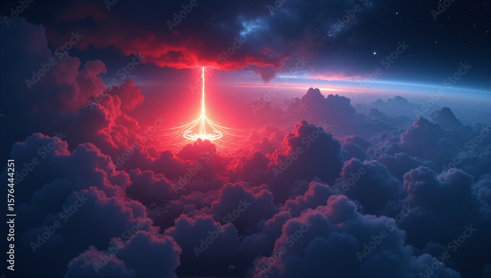 Poster s a spaceship flying through the sky with a red light emanating from it
