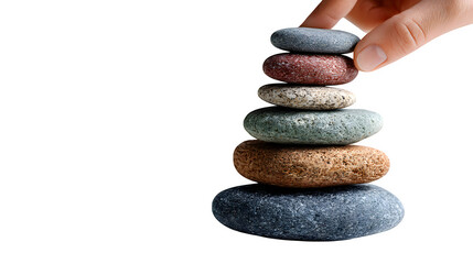 Hand balances a zen stones tower against a transparent background