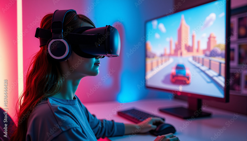 Poster s a woman wearing a virtual reality headset while sitting at a desk in front of a computer. she is h