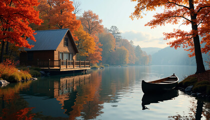 Fototapeta premium s a cabin on a lake surrounded by trees in the fall. The lake is still and calm
