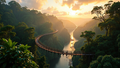 Fototapeta premium s a wooden suspension bridge spanning a river in the middle of a lush green forest. The bridge is surrounded by tall trees on either side