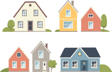 Illustrated collection of six colorful cartoon houses for real estate and design projects