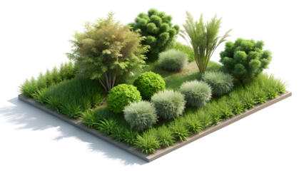 A beautifully arranged garden features a small tree, various shrubs, and lush green grass isolated on transparent background