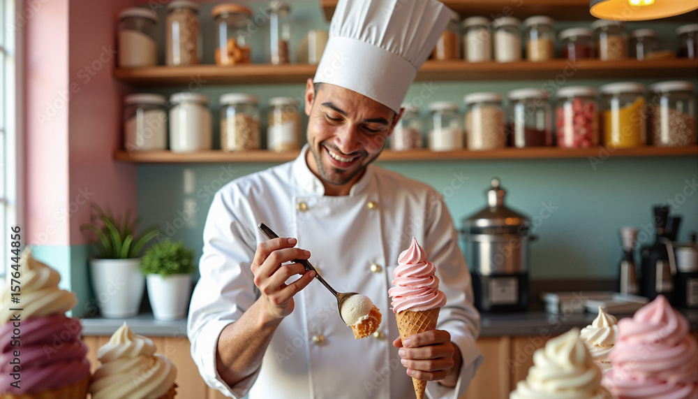 Poster s a man in a chef's hat holding a scoop of ice cream. he is standing in front of a table with severa