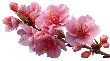 Blossoming pink peach flowers grace a branch with transparent background