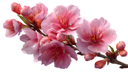 Blossoming pink peach flowers grace a branch with transparent background