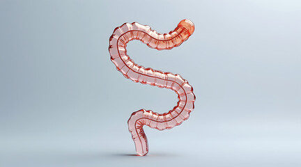 Fototapeta premium Realistically coiled glass intestines with subtle pink and red hues on clean light gray background, showing detailed transparent texture
