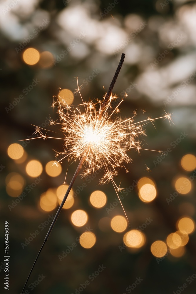 Poster bright sparkler with glowing bokeh in soft focus outdoor setting