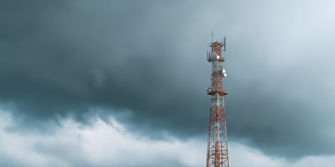 Telecommunication tower against stormy skies: antenna and technology infrastructure