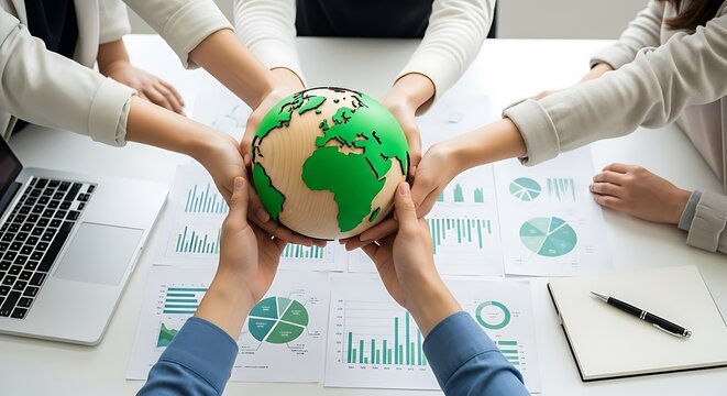 Diverse team collaborates around a wooden globe symbolizing global unity and shared responsibility for environmental data analysis