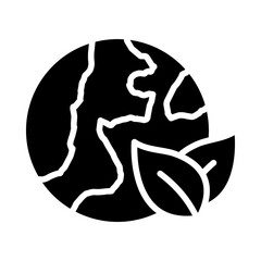 Solid Black Sustainability Icon – Earth with Leaves Representing Green Technology and Environmental Responsibility in AIon Transparent Background.