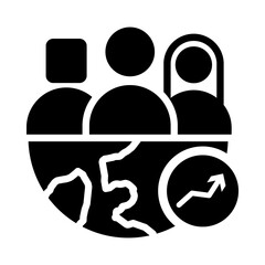 Solid Black Social Impact Icon – Globe with People Representing the Positive Influence of AI on Society and Communitieson Transparent Background.