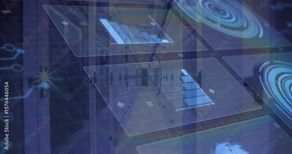 Poster grid plane initializing panel sliding, histogram bars growing lens flare crossing to visualize data