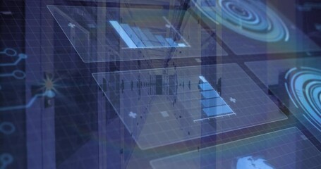 Grid plane initializing panel sliding, histogram bars growing lens flare crossing to visualize data - Powered by Adobe