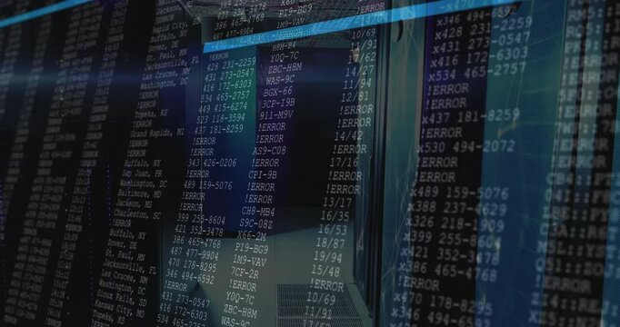 Playback initiating digital overlay scanning logs while camera moving through server aisle to debug