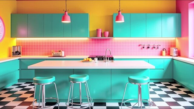 Vibrant Modern Kitchen Interior with Turquoise Cabinets, Pink Backsplash, and Yellow Accents, featuring Counter Stools and Checkered Flooring.        