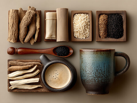 Kampo medicine elements like dried roots, mortar and pestle, and herbal decoction in a ceramic teacup.