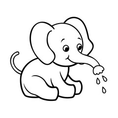 Handdrawn Cartoon Elephant Sitting Spraying Water from Trunk with Droplets in animal