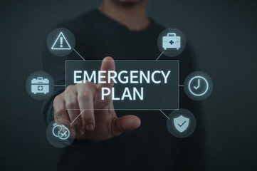 Man touching screen displaying emergency plan icons for preparedness and safety