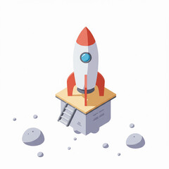 An isometric illustration of a rocket on a small launchpad platform.