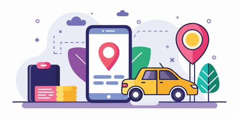 Ride-Sharing App Interface Concept &ndash; Vector with Phone and Car Location Pin


