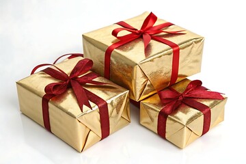 Obraz premium Three golden gift boxes with red ribbons isolated on a white background.