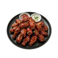 Delicious plate of glazed chicken wings, appetizers with dipping sauces on a transparent field