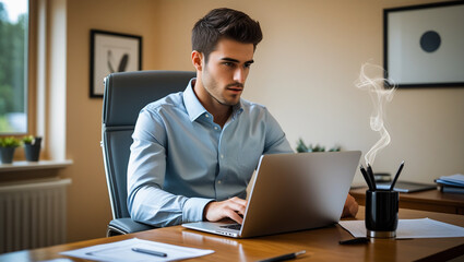 Focused young businessman working on laptop in modern office with coffee mug
