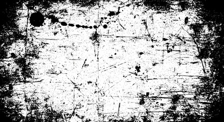 Distressed Black and White Grunge Texture with Scratches and Ink Splatters.
