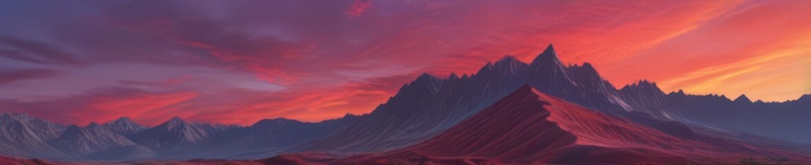 Crimson peaks pierce vibrant skies, alien flora blankets slopes , dramatic, range, peaks
