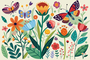 Vibrant and whimsical illustration featuring a variety of flowers and butterflies. Perfect for nature themed designs, evoking a sense of joy, beauty, and creativity in a playful style.