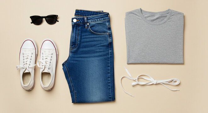 Stylish Outfit: A curated ensemble of classic clothing items, including denim jeans, a grey t-shirt, white sneakers, and sunglasses, ready for any casual occasion.