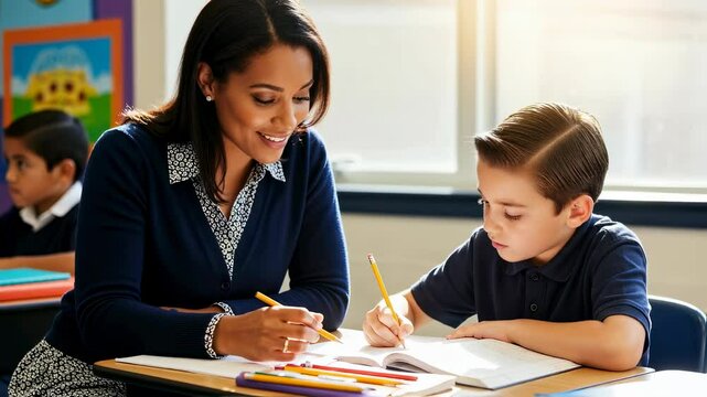 Woman teacher helping young boy student with schoolwork in classroom. Elementary education, individual tutoring, and personalized learning concept for child development.