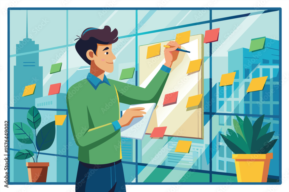 Aufkleber a young man in a modern office setting using colorful sticky notes for brainstorming. he stands by a