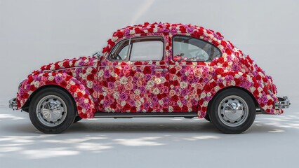 Vintage Beetle car decorated with romantic wedding roses captured in soft elegant surroundings with charming floral ambiance