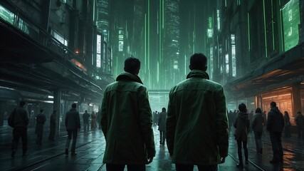 Atmospheric depiction of near dark future life in a futuristic cityscape blending advanced technology with dystopian urban ambiance