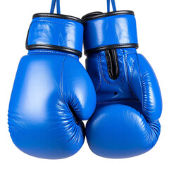 Pair of Blue Boxing Gloves Hanging by Straps, Front View, Transparent Background