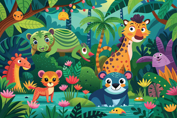 Vibrant cartoon illustration of a jungle with diverse, adorable animals playfully interacting amidst lush foliage. Perfect for childrens stories, educational content, and playful designs.
