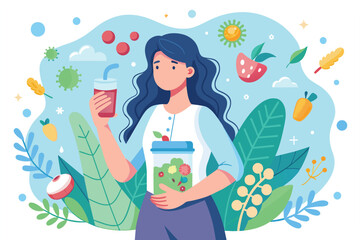 Colorful illustration depicting a woman holding a smoothie and salad, surrounded by vibrant fruits and vegetables, symbolizing wellness and a healthy lifestyle.