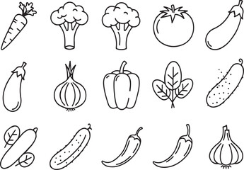 Thin Line Vegetable Vector Set - Broccoli, Potato, Onion & 12 More (EPS)