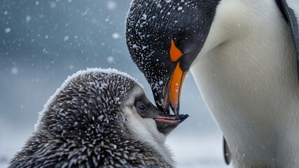 Tender Moment Between a Mother Penguin and Her Chick