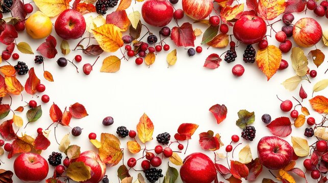 Autumn fruits and leaves border on white background.  Possible use  Stock photography for fall design, nature, food, and harvest themes