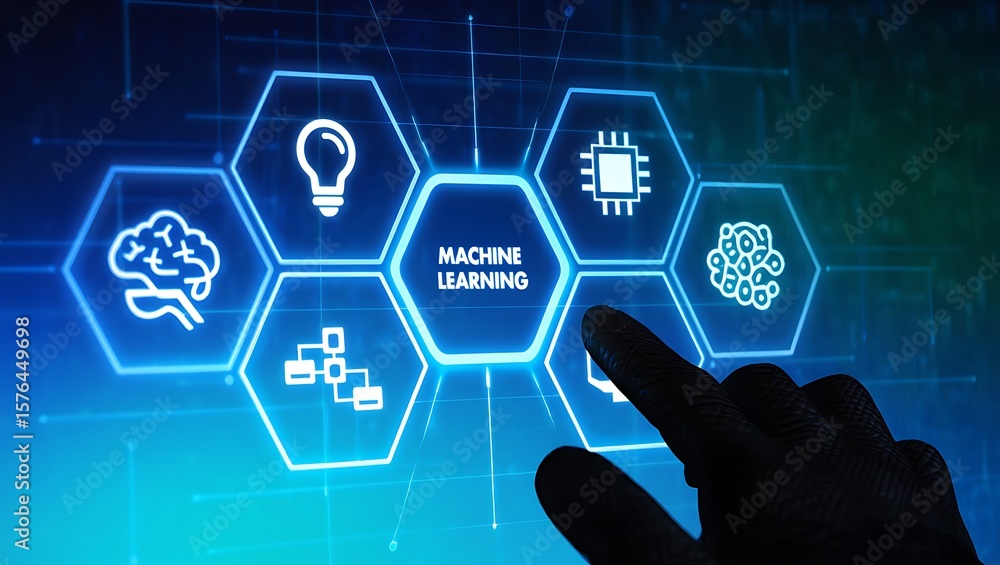 Aufkleber machine learning concept displayed with futuristic icons, hand selecting virtual option for artifici
