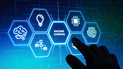 Machine learning concept displayed with futuristic icons, Hand selecting virtual option for artificial intelligence technology
