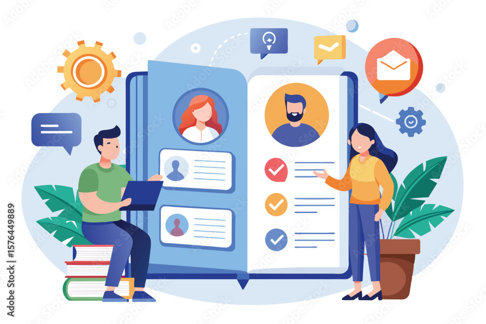 Poster illustration depicting individuals engaging in digital networking and collaboration using a virtual 